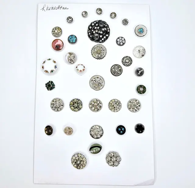 35 Mixed Material Rhinestone Buttons Collector Display Card Vintage
