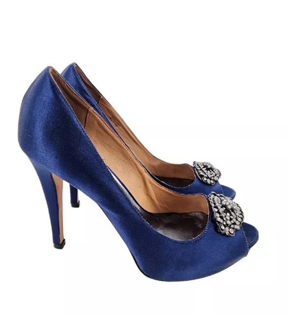 Badgley Mischka Blue Satin Peeptoe Heels sz 9.5 Wedding Evening Shoes Crystals