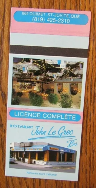 Greek Restaurant Matchbook Matchcover: John Le Grec (St-Jovite, Quebec) -E8