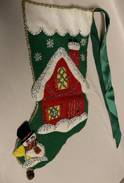 Bucilla Vintage Felt And Sequined Cottage With Snowman Stocking
