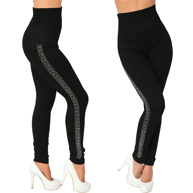 Leggings Termico Strass Pietre a Righe Vita Alta Tubo Pantaloni Stretch Inverno