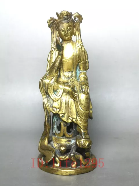 5.5" Old Chinese Song Dynasty Bronze Gild Carving Avalokitesvara KWAN-YIN Statue