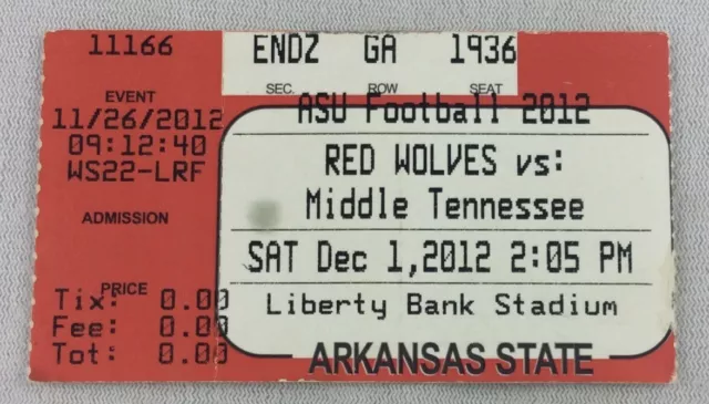 CFB 2012 12/01 Middle Tennessee at Arkansas State Football Ticket Stub