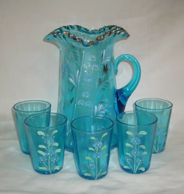 Antique Victorian Era Hand Painted Decorated Daisy Celeste Blue Glass Water Set