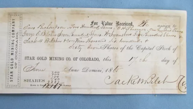 1865 Idaho Springs Colorado Territory Star Gold Mining Stock Shares Certificate