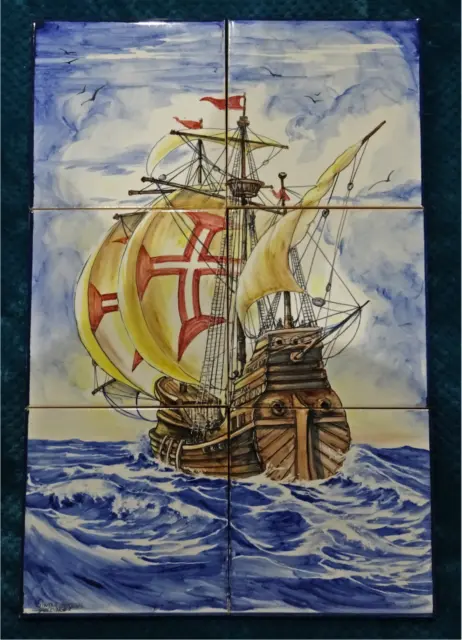 Antique Portuguese Hand Painted Tiles Ceramic Tile Mural Caravel Ship 6 Tiles