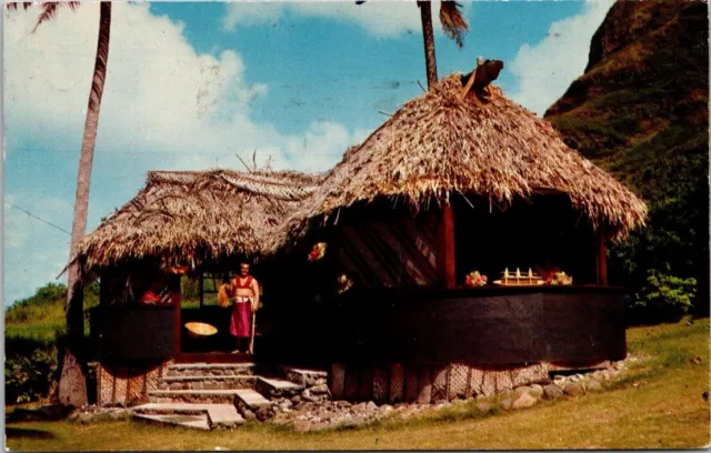 Postcard Hawaii Chief Solatoa from Samoa Regal Attire Palm Thatched Hut 1958 VTG