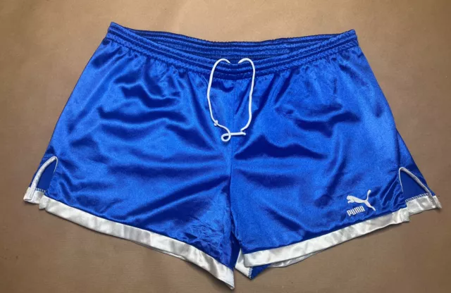 Vintage Puma Nylon Glanz Shiny Sprinter Running Shorts Retro Blue EU 85 UK 30”