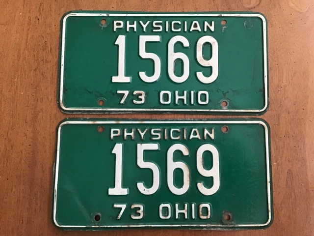 Pair 1973 Ohio Physician License Plate Tag 1569