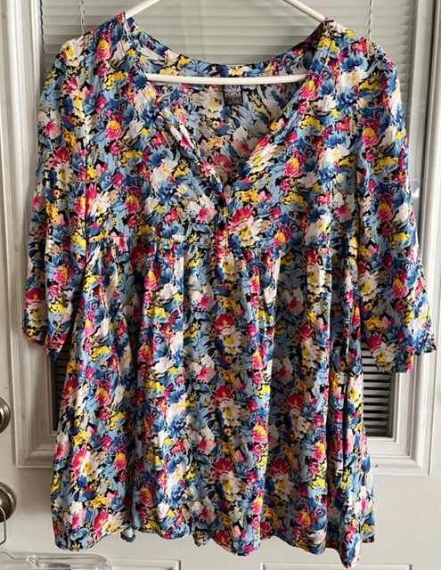 FREE PEOPLE Blue Pink Yellow Floral Empire Waist Tunic Top sz 2 NWOT MiniDress