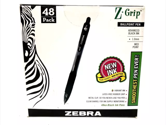 48 Pack Box of ZEBRA Z-Grip Retractable Ballpoint Pens Black Ink Medium 1.0mm