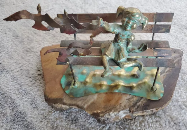 Vintage Bijan Bronze/Copper Girl Seagulls Park Bench Sculpture Stone Base Signed