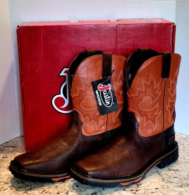 JUSTIN RUSTIC BARNWOOD WK4944 Leather Square Toe Mens Work Boots