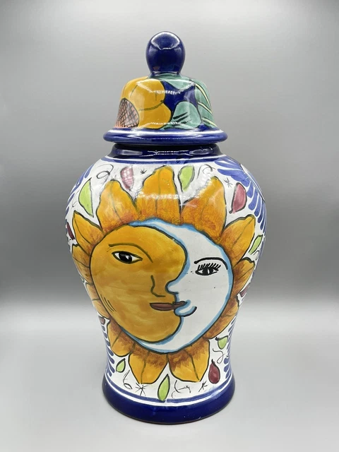 Vintage Talavera Mexican Pottery Handmade Ceramic Lidded Vase Jar Moon & Sun 14"