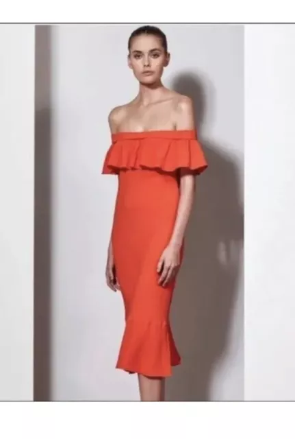 VERONICA BEARD $550 Oleta Ruffle Off The Shoulder Midi Dress in Orange Sz 6