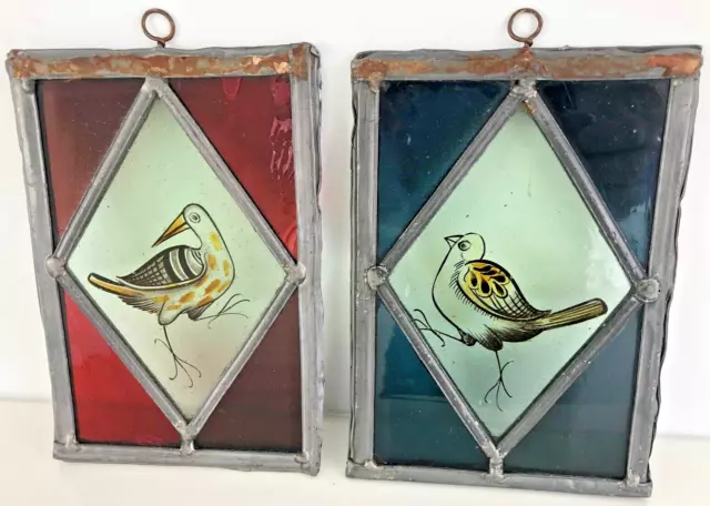 Pair of Vintage  Leaded Stained Glass Window Panes/Hanging Bird Pictures