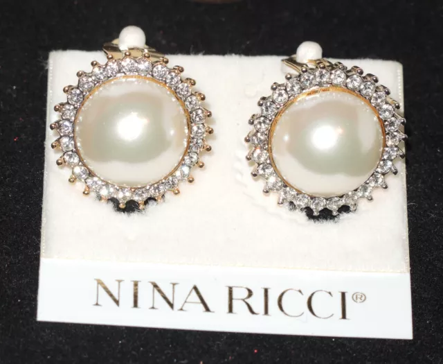 NINA RICCI Gold Plated Clip Earrings with Swarovski Crystals & Pearls ~ UNWORN!!