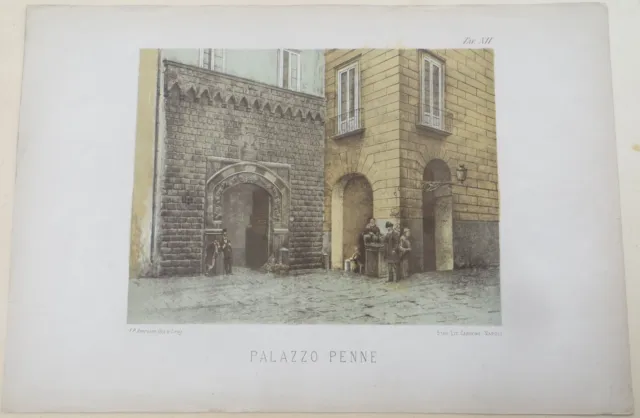 1889 Grande Tavola Incisione Cromolito Napoli Antica R.d'ambra Palazzo Penne