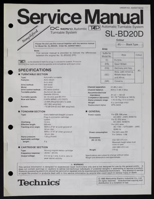 Original TECHNICS SL-BD20D Turntable Service Manual/Diagram/Parts List o216