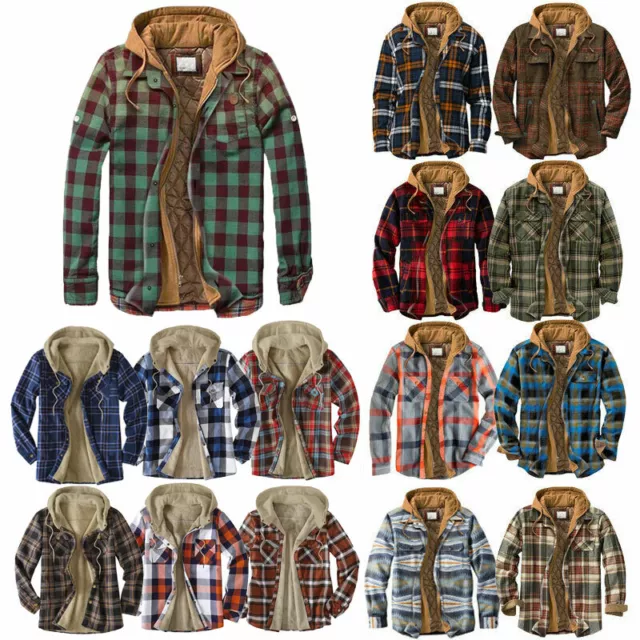 Men's Lumberjack Sherpa Fur Fleece Lined Hoodie Padded Hooded Work Shirt Jacket