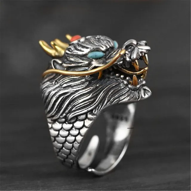 SOLID 925 STERLING Silver Band Men Special Lucky Carved Dragon Ring 18 ...