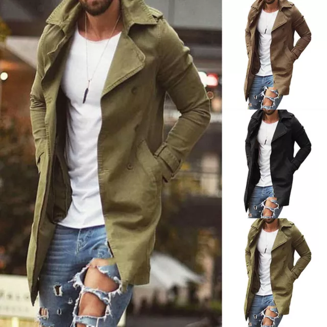 🔥Mens Lapel Trench Coat Overcoat Long Sleeve Winter Slim Warm Jacket Tops UK