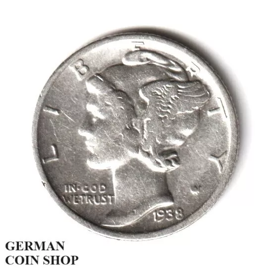 USA One Dime Silver 1938 S - 10 Cents US Silver Mercury Dime