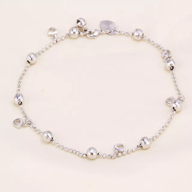 9K 9ct White Gold Plated Beaded, Hearts & Bell ANKLE CHAIN/Anklet 10.2",122 UK
