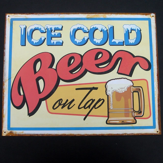 Vintage Tin Metal Ice Cold Beer On Tap Sign Retro Home Bar/Pub/Tavern Wall Decor