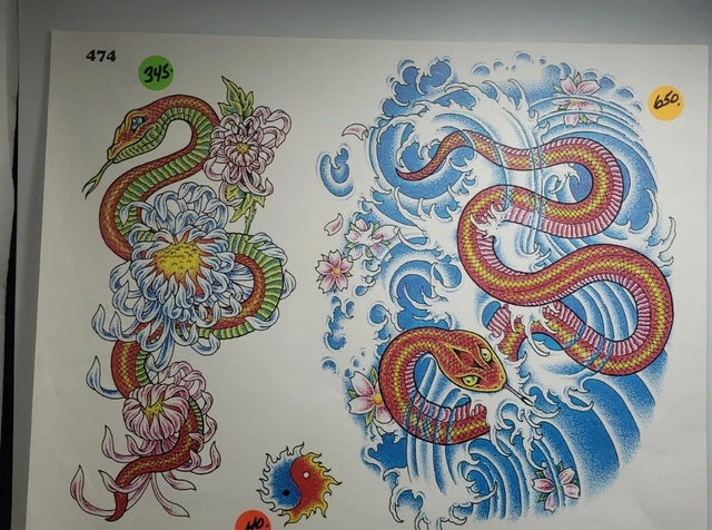Hoja flash vintage de arte de serpiente de agua arte tatuaje