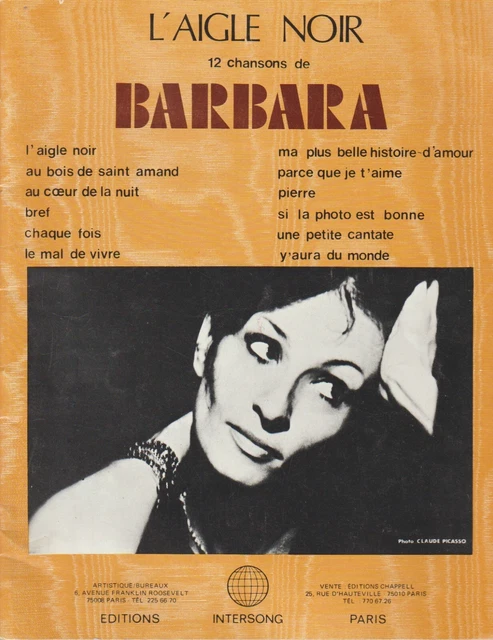 BARBARA - Livre Partition - L'AIGLE NOIR - 12 chansons. EDITIONS INTERSONG