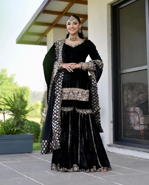 Abito Shrara Pakistano Salwar Kameez Abito Da Sposa Indiano Velluto Abbigliamento Invernale