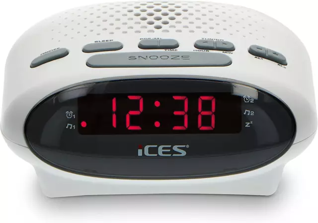 iCES ICR-210 clock radio (2X wake-up times, snooze function, sleep timer) white