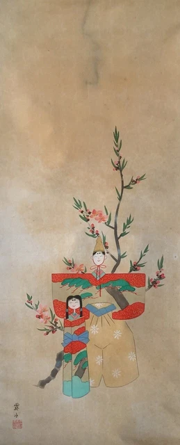 E0111 Japanese Hanging Scroll KAKEJIKU Vintage Hand Paint Silk HINA Doll