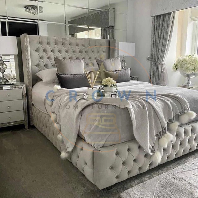 NEW WINGBACK CHESTERFIELD Plush Velvet Bed Frame with Gaslift Storage ...