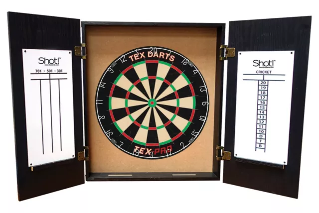 TEX PRO Bristle Dartboard + Quantum Dart Board Cabinet + Darts Set Man Cave Gift