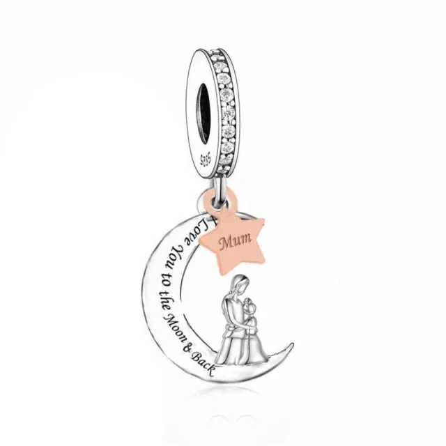 Mum I Love You To The Moon And Back Charm Star Mummy Mom Sterling Silver 925