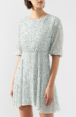 $595 NWT ALICE + OLIVIA Sz12 PALMIRA ALL-OVER SEQUIN CHIFFON DRESS VENUS BLUE