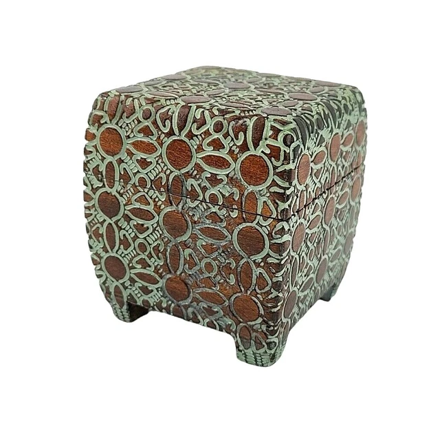 Polish Trinket Box Wooden Artisan Hand Crafted Carved Painted Footed Green Brown