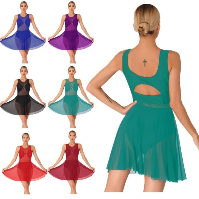 Womens Glitter Rhinestone Sleeveless Dance Dress Sheer Mesh Cutout Back Dresses