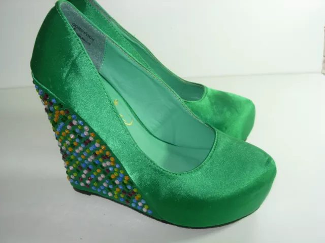 Womens Green Rhinestone Wedge Wedding Pumps Evening Heels Shoes Size 5.5 M