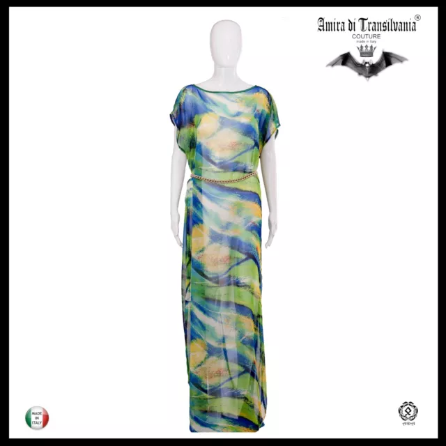 abito donna estivo griff alta moda couture caftano curvy lungo chiffon verde set