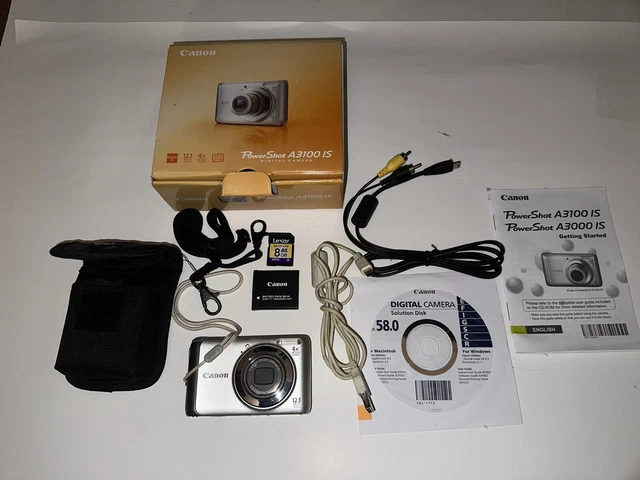 CANON POWERSHOT A3100 IS 12.1MP DIGITAL CAMERA SILVER Bundle* NO CHARGER) TESTED