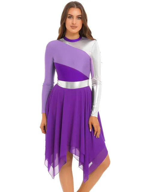 US Women Liturgical Praise Dance Dress Color Block Lyrical Church Dancewear 2