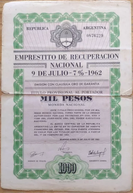 Lot x 3 Emprestito Recuperación Nacional 1962 Argentina 1000 Pesos Bond Share 2