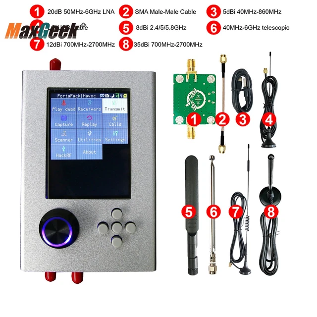 Radio SDR 1 MHz-6 GHz HackRF One R9 V1.8.x + Portapack H2+3,2" antenne schermo