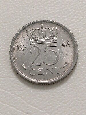 1948 Netherlands Twenty Five 25 Cent "Wilhelmina" Coin Kayihan coins T104