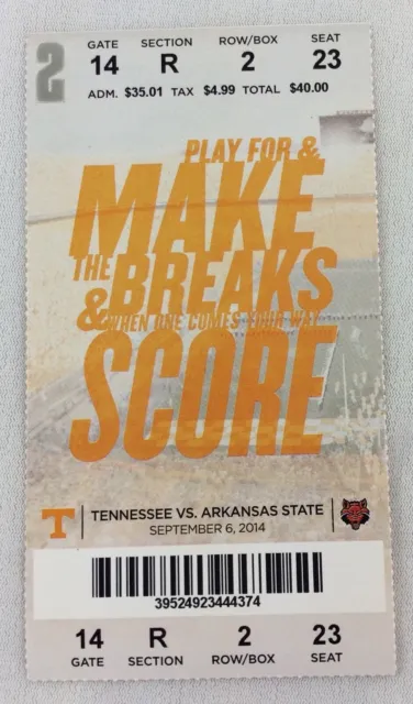 2014 09/06 Arkansas State at Tennessee Volunteers College Football Full Ticket