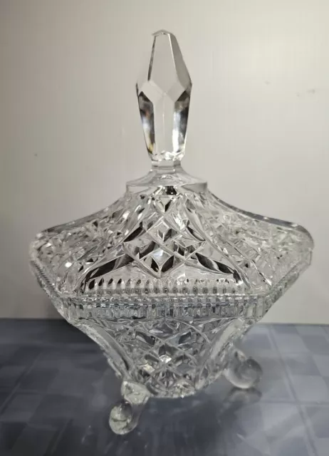 Vtg Large Cut Crystal Candy Dish W Lid Star Of David 9" Hexagon 3 Toed Footed