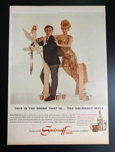 Vintage 1966 Smirnoff Vodka, Woody Allen, Monique Van Vooren Print Ad